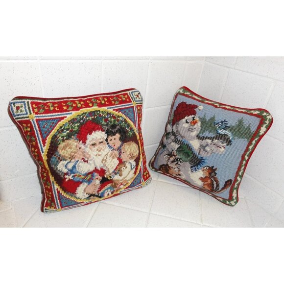 Vintage Needlepoint Christmas Pillow Lot Snowman & Santa decorative holiday - Picture 5 of 13